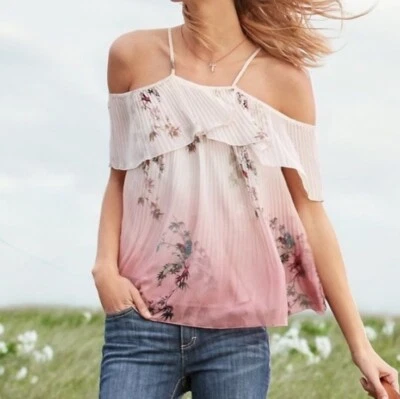Pleated Cold Shoulder Blouse Size S Small Floral Birds Ruffle Lauren Conrad - Image 1 of 4