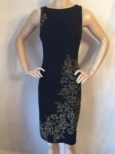  NEW ST JOHN KNIT EVENING DRESS SIZE 2 BLACK SANTANA KNIT GOLD TRIM - Picture 1 of 6