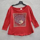 Haut femme Lucky Brand XL rouge T-shirt tapis paon perles scoop col tee