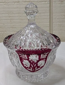 Anna Hutte Bleikristall 24% Lead Crystal Red Flash Cranberry Candy Dish W/Lid - Picture 1 of 8