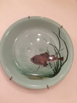 Antiguo Plato de Cerámica Jade Verde Bagre Pintura Peces Estilo Asiático Foto 1 de 3