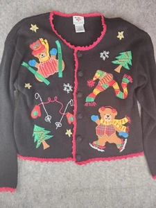 Nutcracker Christmas Sweater Medium Ornaments Holiday Beaded Cardigan Black - Picture 1 of 9