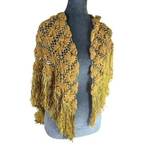 Knit Shawl- Golden- Tasseled Edges- Triangular Shape 64" length - whimsigoth - Picture 1 of 6