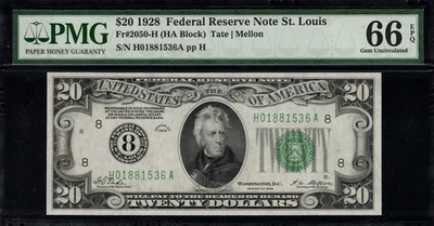 1928 $20 Federal Reserve Note St. Louis FR.2050-H - PMG 66 EPQ - Numerical 8 - Image 1 of 2