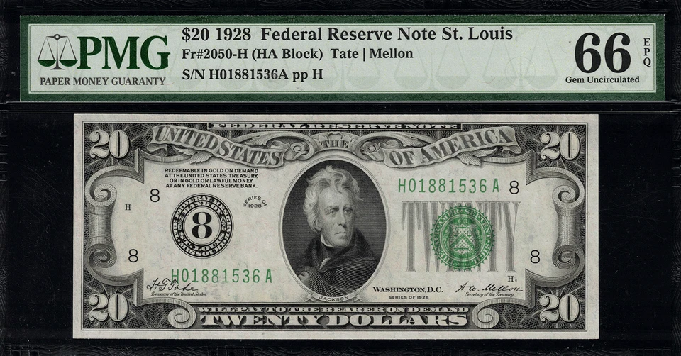 1928 $20 Federal Reserve Note St. Louis FR.2050-H - PMG 66 EPQ - Numerical 8 - Image 1 of 2