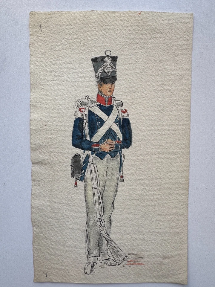 Antique 19th C French Gouache Painting on Paper Napoleonic Military Uniform 5x9 - Image 1 of 4