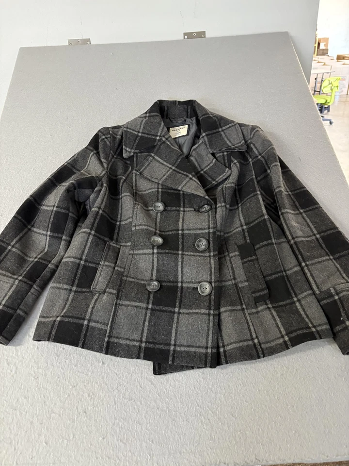 Old Navy Coat Womens Large Petite Gray Plaid Peacoat Wool Blend Double Breasted - Image 1 of 4