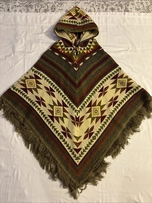 Poncho Sweater Womens Aztec Southwest Design Wool with Hoodie - Image 1 of 4