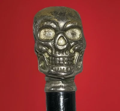 Vintage Solid Metal Skull Head Handle Black Wooden Walking Stick Cane Biker - Image 1 of 4