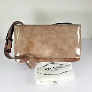 Vintage 90s Prada Brown Leather Shoulder Bag Italy Glazed Finish Dust Bag - Picture 1 of 10