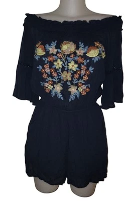 Womens Blue Floral Embroidered Bell Sleeves Cottagecore Boho Romper Sz S - Image 1 of 4