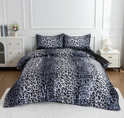 Cama Queen Completa Plateada Leopardo Animal Salvaje Safari 3 Piezas Juego de edredón satinado sedoso Foto 1 de 4