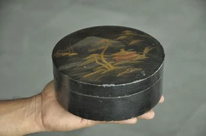 Joyero artesanal vintage de madera redondo pintado con laca negra - Imagen 1 de 11