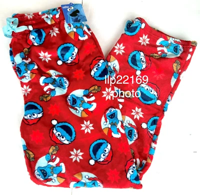 PANTALONES DE PIJAMA de salón polar Sesame Street COOKIE MONSTER & SNOWFLAKES para hombre M L XL Foto 1 de 3