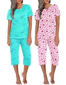 2 Pack Women's Capri Pajama Sets Short Sleeve Two-Piece Pjs V Neck Tops & Cap... - Picture 1 of 6