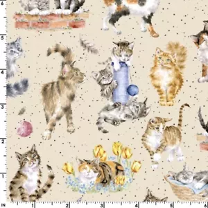 Feline Drive Fabric WHISKERS & PAWS Directional Cats Cream - Sold by the Yard - Picture 1 of 8