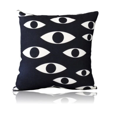 Evil Eye Greek Turkish Black White  Linen Cotton Blend Cushion Cover Pillowcase - Image 1 of 2