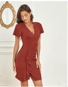 NWT Sexyasasii Women's Summer Deep V Neck Ruffle Ruched Bodycon Short Sleeve XL - Picture 1 of 11