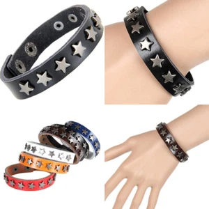 Men's Punk Leather Bracelet Star Spikes Wide Cuff Wristband Bangle Adjustable US - Picture 1 of 8