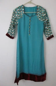 S Vintage Handmade Dress Teal Indian Wedding Tunic Velvet Sheer Teal Sequin - Picture 1 of 12