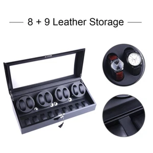 Leather Automatic Rotation 8+9 Watch Winder Lockable Display Storage Box 4 Modes - Picture 1 of 10