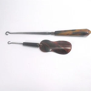 2 Shoe Horn & Boot Corset Lace Button Puller Hook Butterscotch Celluloid Handles - Picture 1 of 5