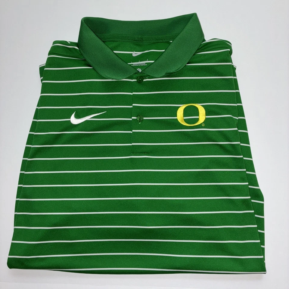 Nike Dri-Fit Oregon Ducks Polo Size Large Green White Striped Short Sleeve - Image 1 of 4