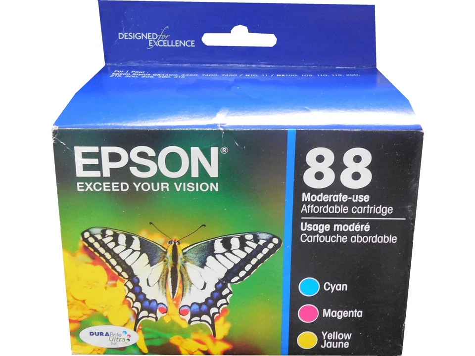 3 Genuine Epson 88 Color Ink Cartridges Moderate Use T088520 Exp July 2018