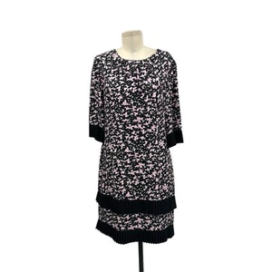 MILLY Pink Black Floral Printed Pleat Ruffle Silk Shift Dress Size 12 - Picture 1 of 9