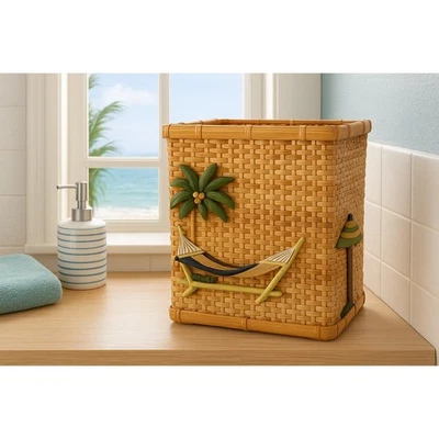 Cesta de residuos de ratán tropical Croscill hamaca de palmera decoración de isla Foto 1 de 4