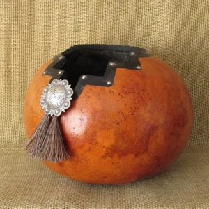 Gourd ~ Hand Painted, Hand Carved & Decorated with Concho & Horse Hair ~ Signed - Picture 1 of 8