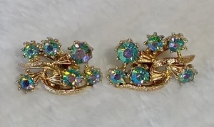 Sparkly Vintage 60's Blue Aqua Rhinestone Clip On Earrings - Picture 1 of 3