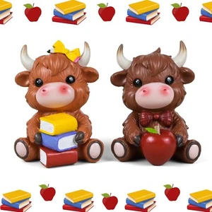 2PCS Back to School Highland Cow Figurine Highland Cow School Table Decor Res... - Picture 1 of 7