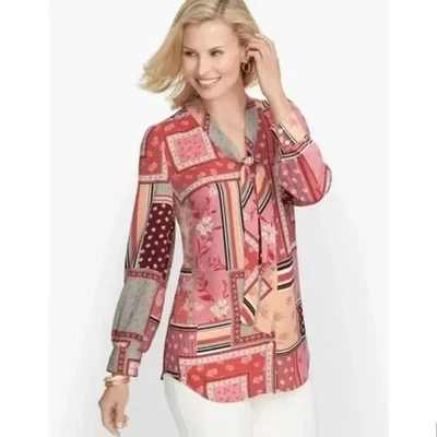 Talbots Pink Patchwork Artsy Floral Chic Tie Neck Long Sleeve Blouse Top Sz XLP - Image 1 of 4