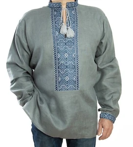 VYSHYVANKA Men Ukrainian handmade Embroidery SHIRT Gray Blue Linen S-4XL - Picture 1 of 8
