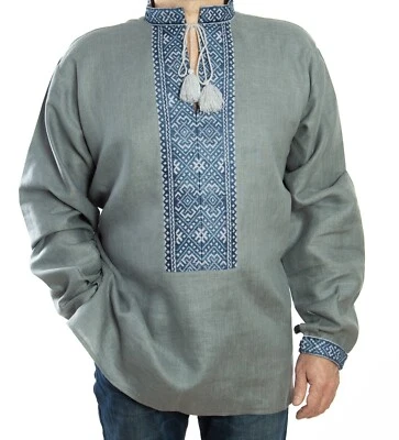 VYSHYVANKA Men Ukrainian handmade Embroidery SHIRT Gray Blue Linen S-4XL - Image 1 of 4