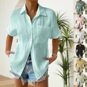 Women Summer Button Down Casual Loose Shirts Ladies Short Sleeve Work Blouse Tee - Picture 1 of 16