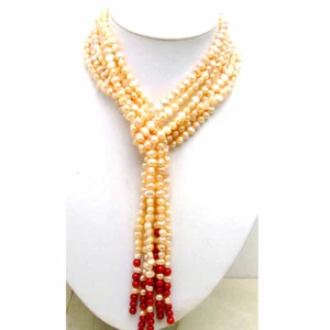 6-7mm Baroque Natural Pink Pearl Necklace for Women 3 Strands Long Necklace 45'' - Picture 1 of 30