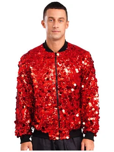 Mens Sequins Bomber Jacket Long Sleeves Front Zipper Outwear Coat Club Party - Picture 1 of 31