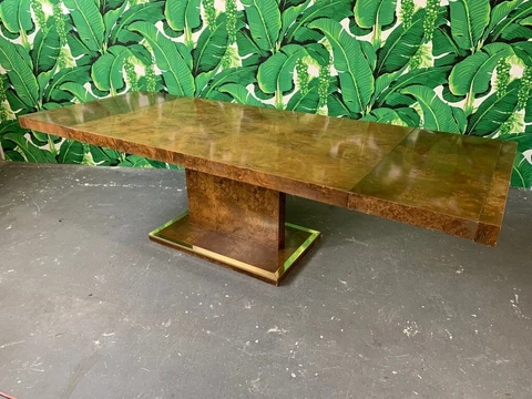 Milo Baughman Style Burl Wood and Brass Extension Dining Table Cover