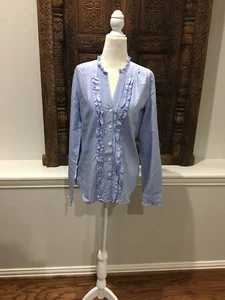 Ann Taylor Loft Blue Ruffle Button Down Blouse Size XS - Picture 1 of 5