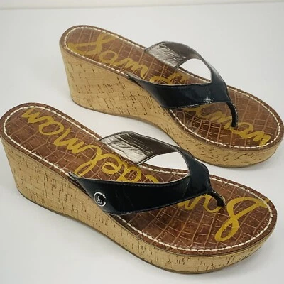 Sandalias Sam Edelman para mujer 7,5 medianas Romy cuero negro tanga plataforma cuña Foto 1 de 4