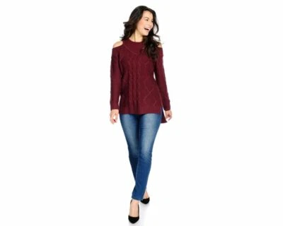 NEW Kate & Mallory Mix Cable Knit Sweater L  Long Sleeve Cold Shoulder Wine  - Imagem 1 de 3