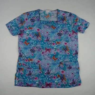 CHEROKEE Scrub Top Shirt Butterflies Flowers Women's Size Medium - Image 1 of 4