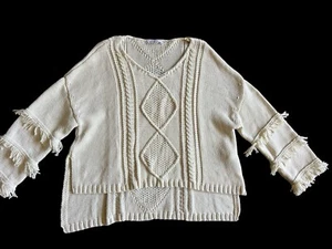 Olivaceous M oversize sweater cream cable knit high/low crocheted fringe sleeves - Picture 1 of 7