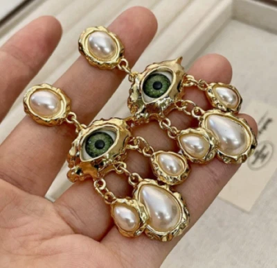 Evil Eye Pierced Earrings Gold tone Pearl Beaded Tassel Drop Stud - Image 1 of 4