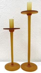Pair of Vintage Frosted Amber Glass Tall Danish Candlesticks - Picture 1 of 7