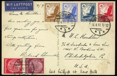 Germany Backnang 1937 Schloßplatz Photo Airmail Postal Card to Philadelphia USA - Image 1 of 2