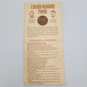 Lincoln Kennedy Penny 1974 Cent on Info Card Astonishing Coincidences - Picture 1 of 5