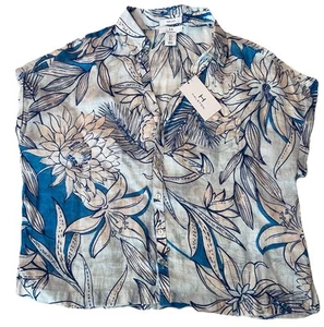 NWT HALSTON Blouse Button UP Womens Large Floral Cap Sleeve Linen - Picture 1 of 5